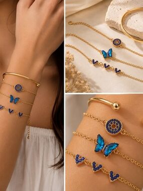 Gold Tone Blue Butterfly Stacking Bracelet Set Bangle | 4-Piece | Brand New